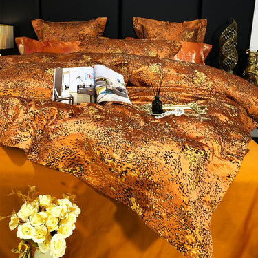 Luxury Leopard Black Orange Satin Jacquard Duvet Cover Set, Egyptian Cotton 1200TC Bedding Set